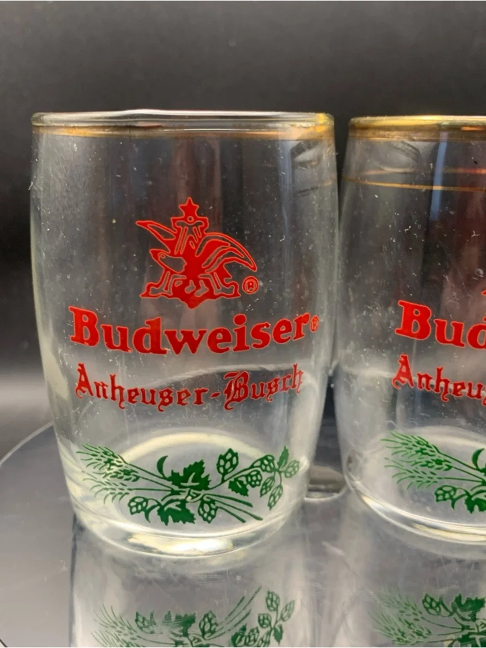 Vintage Budweiser Bud Sample Glass Lot of 2 Gold Trim Keg Shape Anheuser Busch